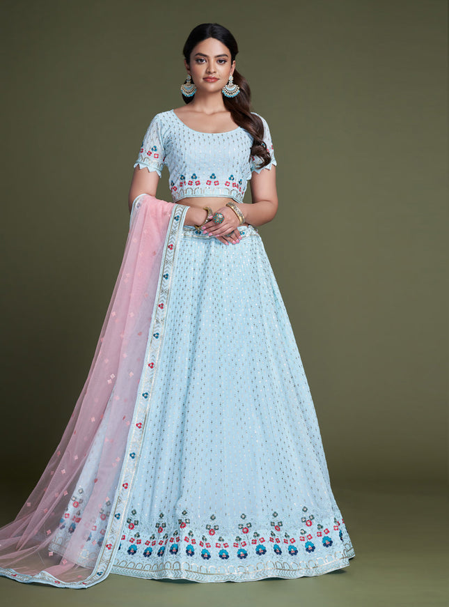 Powder Blue Georgette Embroidered Lehenga Choli
