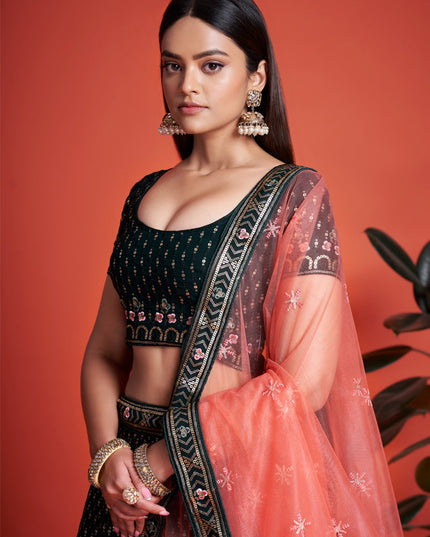 Pine Green Georgette Embroidered Lehenga Choli