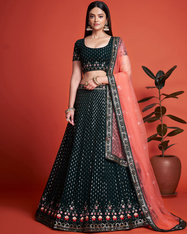 Pine Green Georgette Embroidered Lehenga Choli
