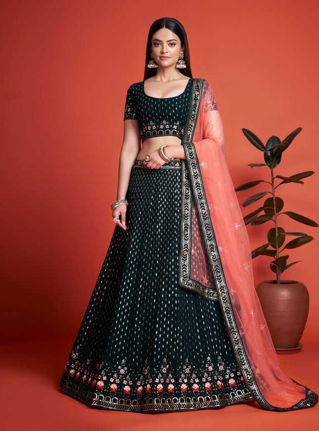 Pine Green Georgette Embroidered Lehenga Choli