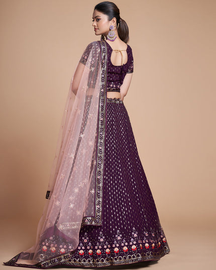 Wine Georgette Embroidered Lehenga Choli