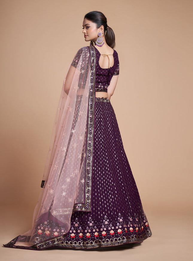 Wine Georgette Embroidered Lehenga Choli