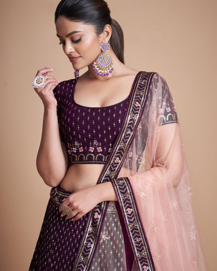 Wine Georgette Embroidered Lehenga Choli