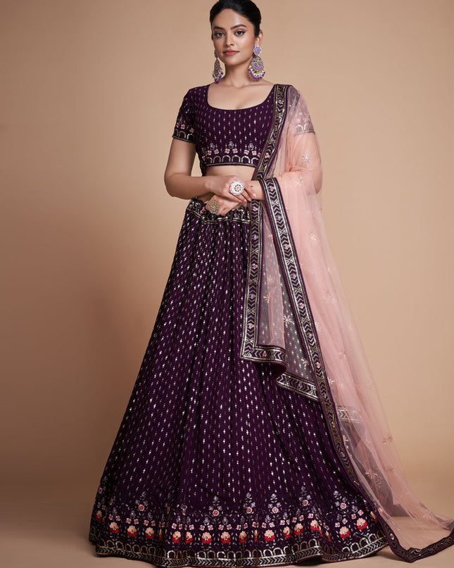 Wine Georgette Embroidered Lehenga Choli