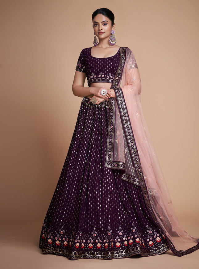Wine Georgette Embroidered Lehenga Choli