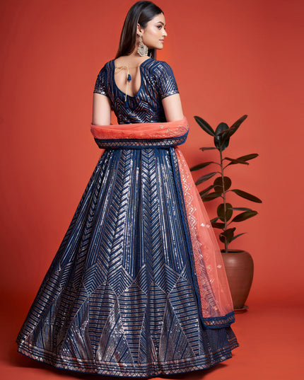 Navy Blue Georgette Embroidered Lehenga Choli