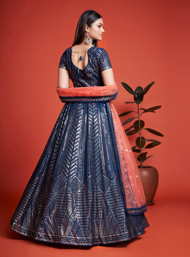 Navy Blue Georgette Embroidered Lehenga Choli