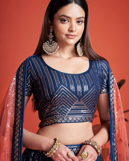Navy Blue Georgette Embroidered Lehenga Choli