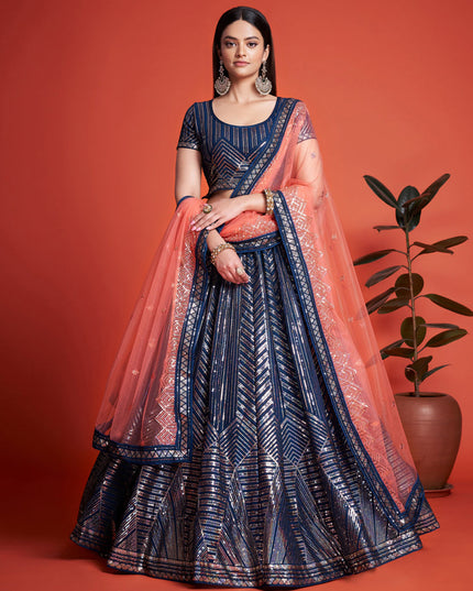 Navy Blue Georgette Embroidered Lehenga Choli