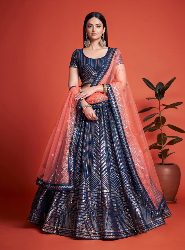 Navy Blue Georgette Embroidered Lehenga Choli