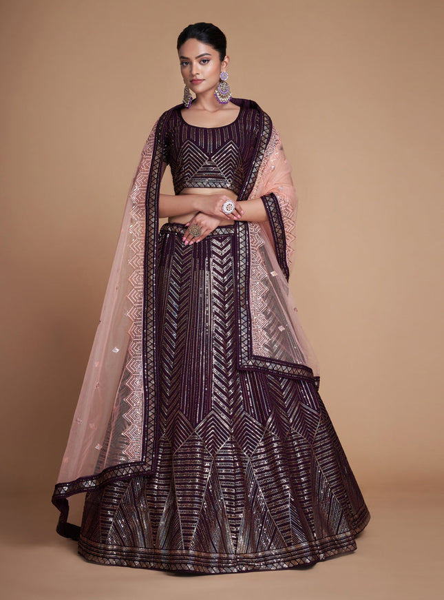 Burgundy Georgette Embroidered Lehenga Choli