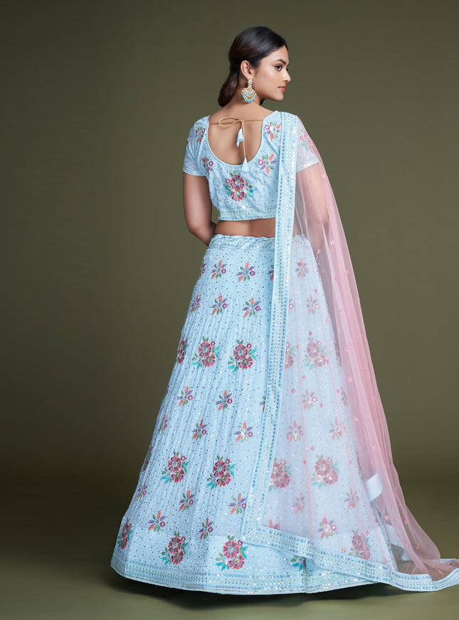 Breeze Blue Georgette Embroidered Lehenga Choli