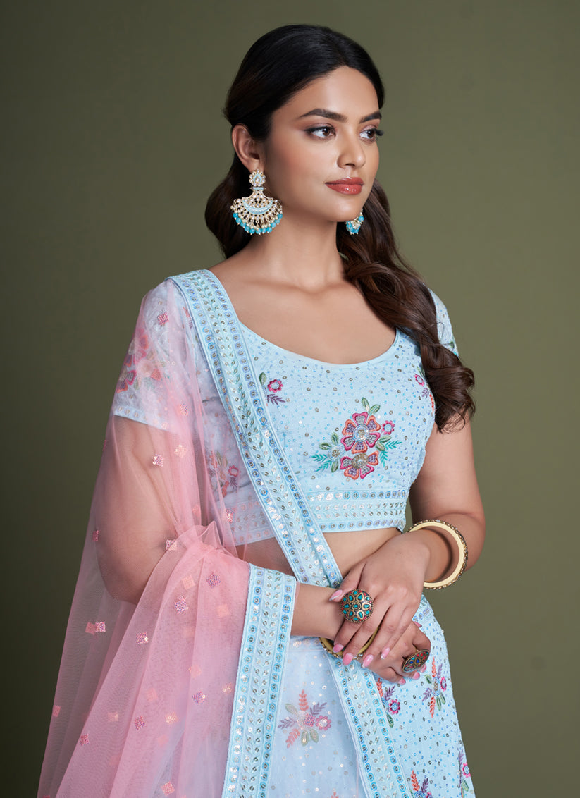 Breeze Blue Georgette Embroidered Lehenga Choli