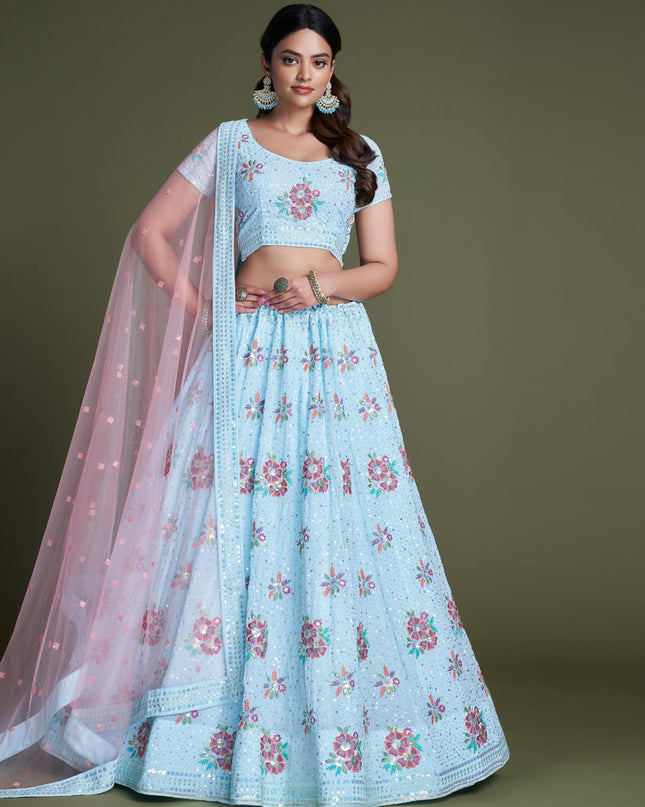 Breeze Blue Georgette Embroidered Lehenga Choli