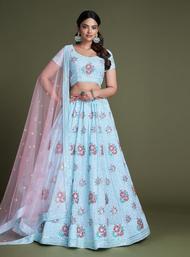 Breeze Blue Georgette Embroidered Lehenga Choli