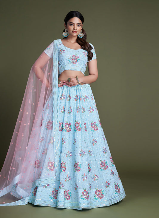 Breeze Blue Georgette Embroidered Lehenga Choli