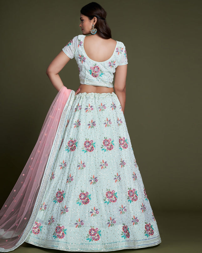 Ice Blue Georgette Embroidered Lehenga Choli