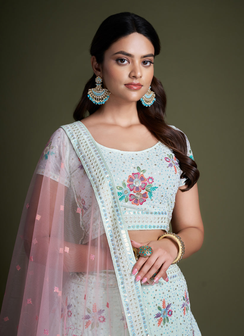 Ice Blue Georgette Embroidered Lehenga Choli