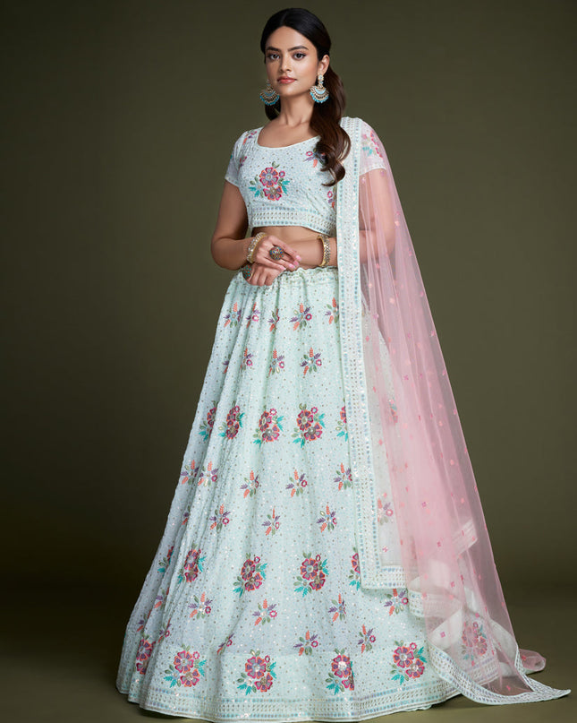 Ice Blue Georgette Embroidered Lehenga Choli