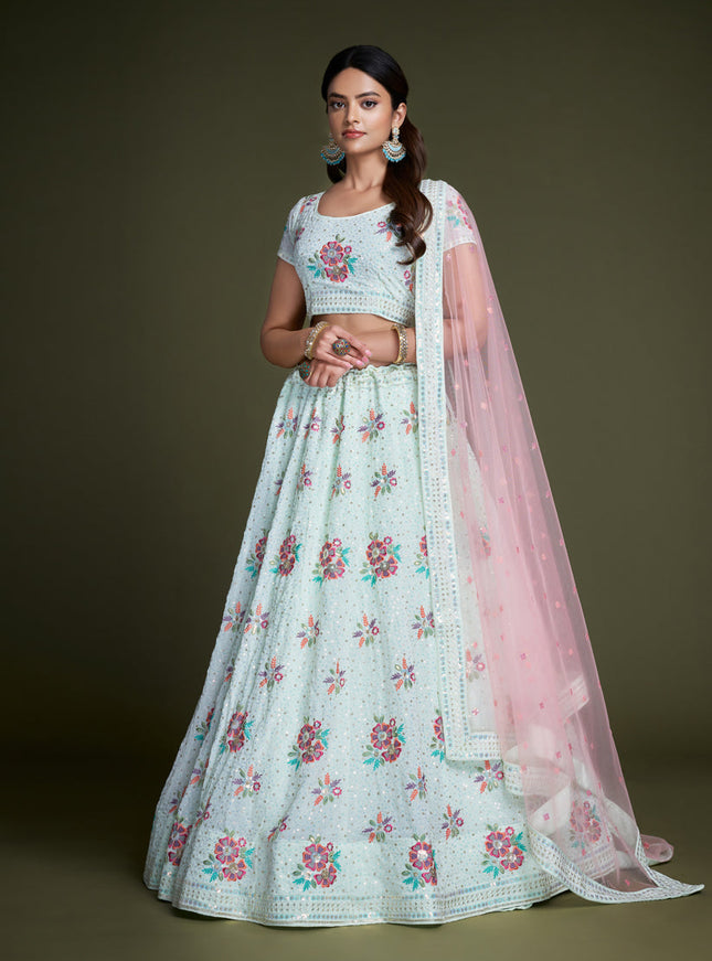 Ice Blue Georgette Embroidered Lehenga Choli