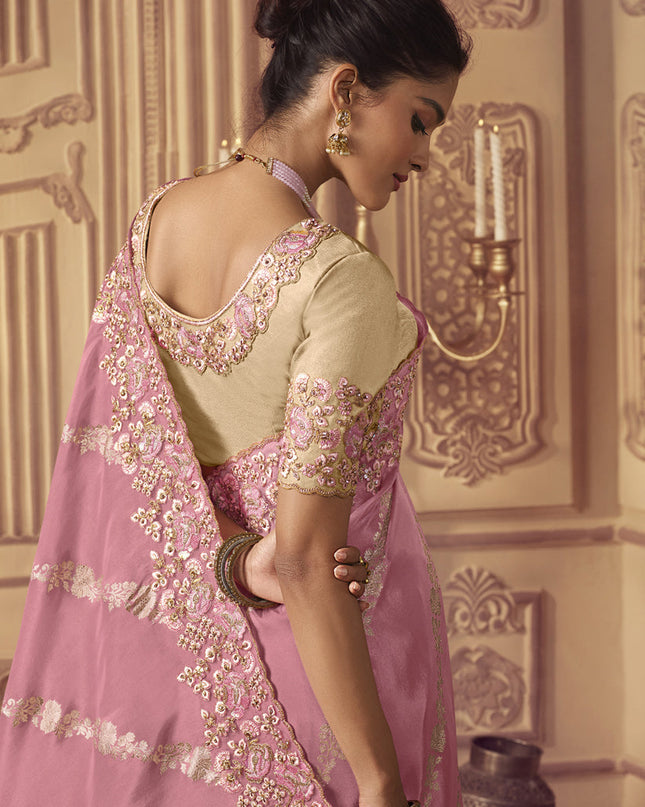 Carnation Pink Smoked Viscose Embroidered Saree