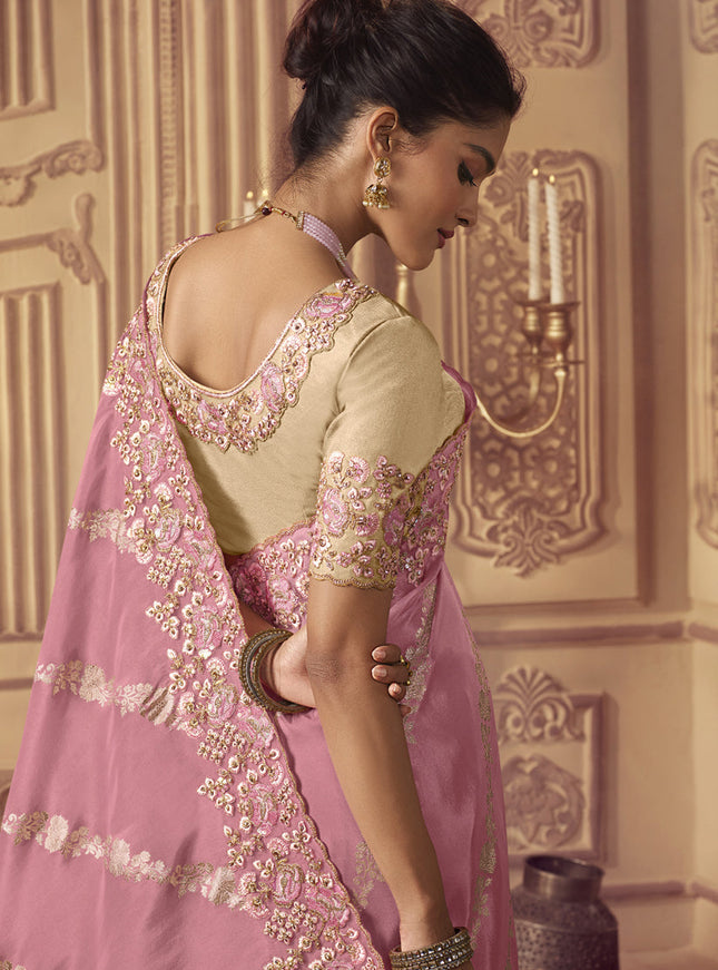 Carnation Pink Smoked Viscose Embroidered Saree