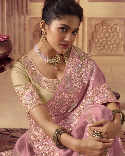 Carnation Pink Smoked Viscose Embroidered Saree