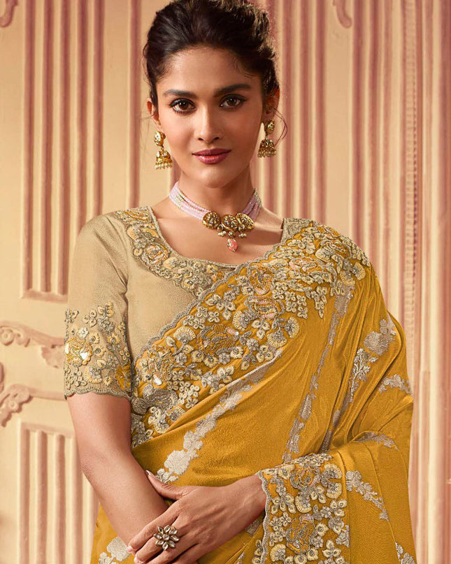 Mustard Smoked Viscose Embroidered Saree