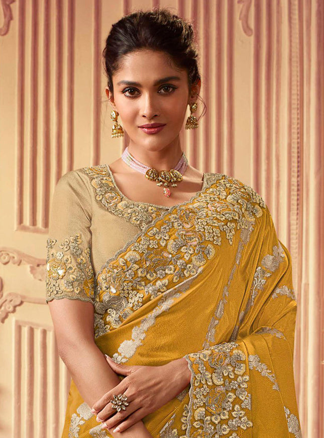 Mustard Smoked Viscose Embroidered Saree