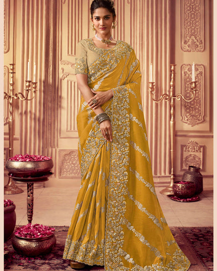Mustard Smoked Viscose Embroidered Saree