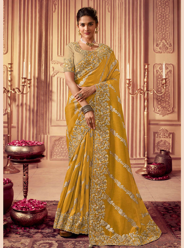 Mustard Smoked Viscose Embroidered Saree