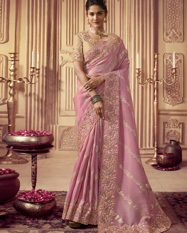 Carnation Pink Smoked Viscose Embroidered Saree