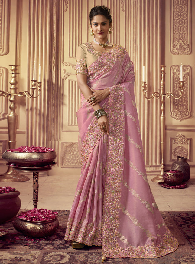 Carnation Pink Smoked Viscose Embroidered Saree