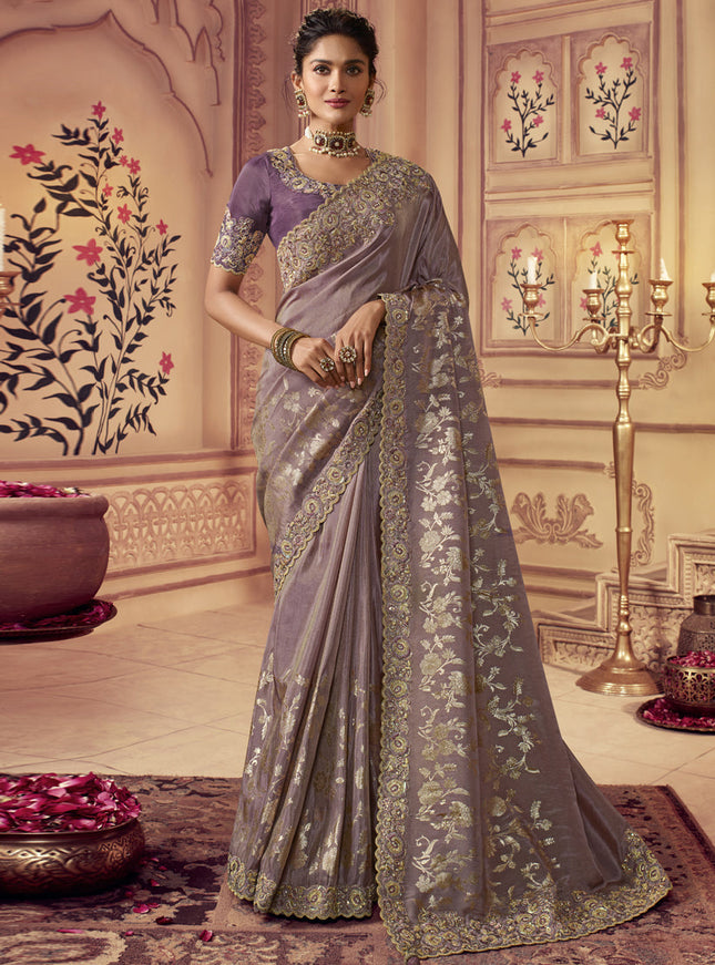 Mauve Smoked Viscose Embroidered Saree