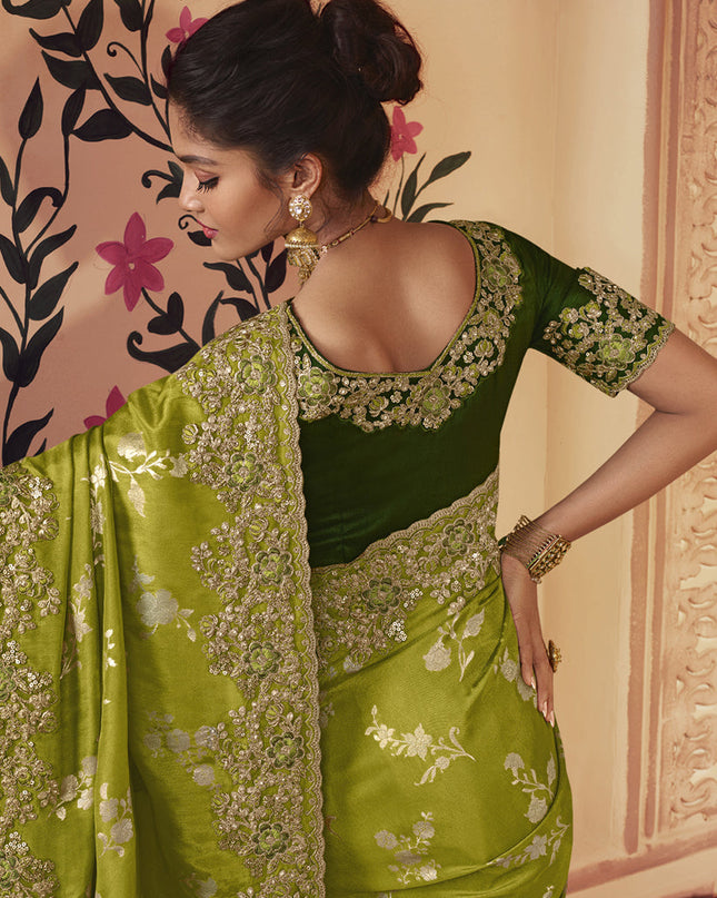 Lime Green Smoked Viscose Embroidered Saree