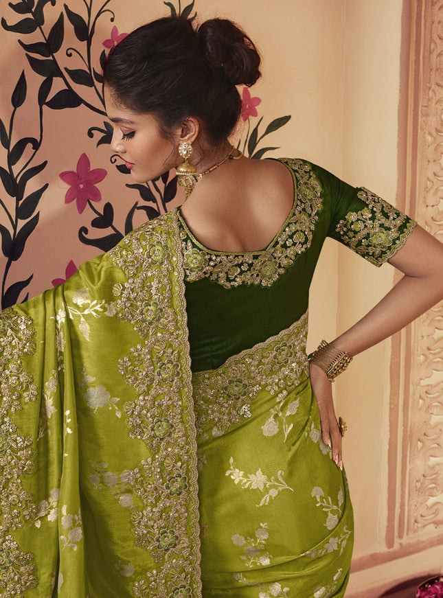 Lime Green Smoked Viscose Embroidered Saree