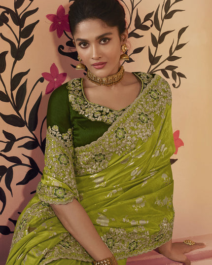 Lime Green Smoked Viscose Embroidered Saree