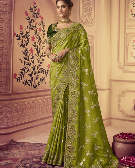 Lime Green Smoked Viscose Embroidered Saree