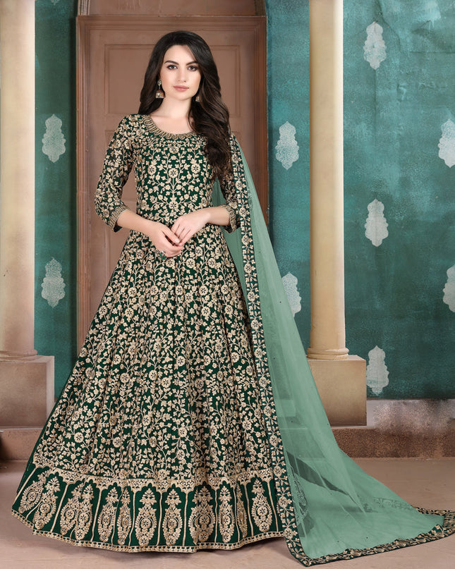Spectacular Forest Green Faux Georgette Embroidered Floor Length Anarkali Suit