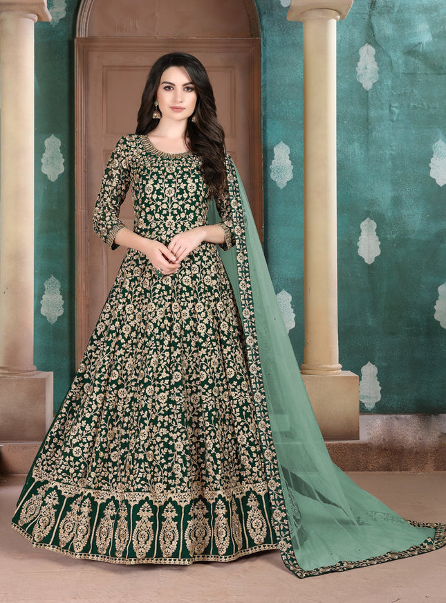 Spectacular Forest Green Faux Georgette Embroidered Floor Length Anarkali Suit