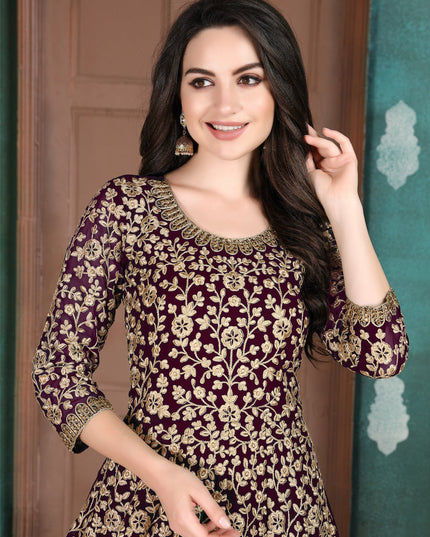 Marvelous Burgundy Faux Georgette Embroidered Floor Length Anarkali Suit