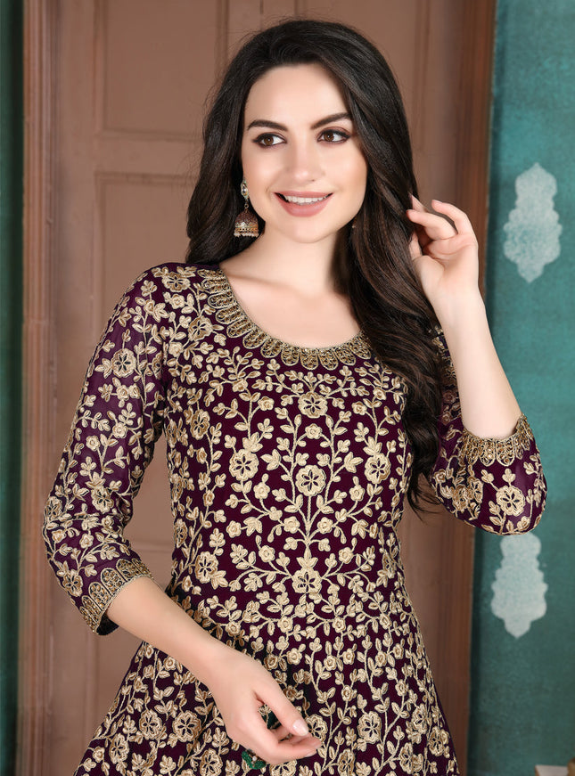 Marvelous Burgundy Faux Georgette Embroidered Floor Length Anarkali Suit