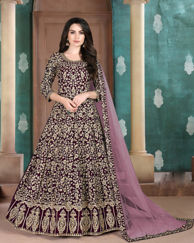 Marvelous Burgundy Faux Georgette Embroidered Floor Length Anarkali Suit