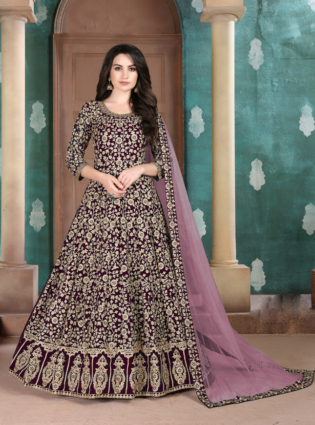 Marvelous Burgundy Faux Georgette Embroidered Floor Length Anarkali Suit