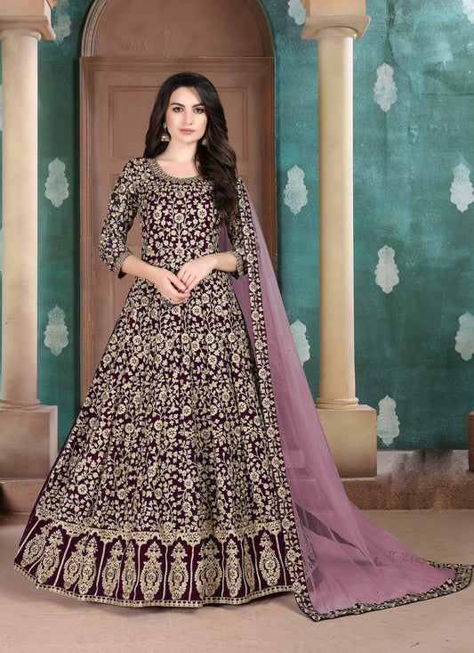 Marvelous Burgundy Faux Georgette Embroidered Floor Length Anarkali Suit