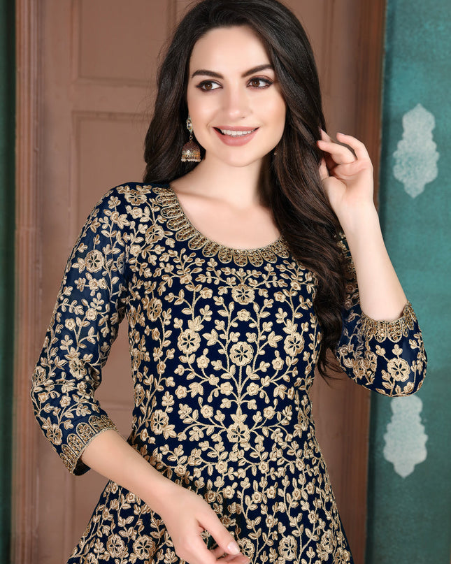 Ravishing Midnight Blue Faux Georgette Embroidered Floor Length Anarkali Suit