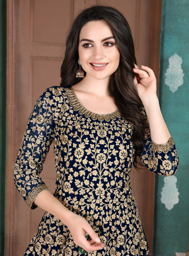 Ravishing Midnight Blue Faux Georgette Embroidered Floor Length Anarkali Suit