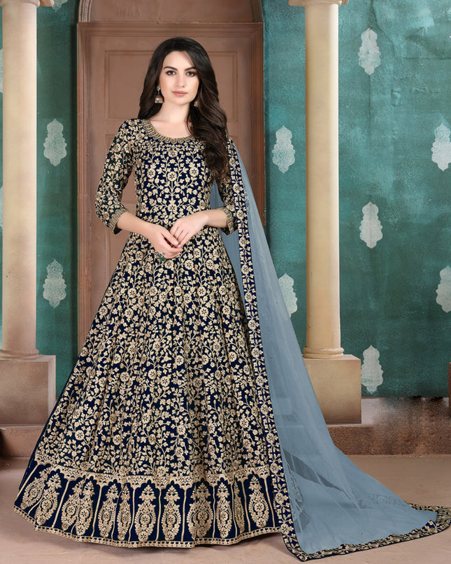 Ravishing Midnight Blue Faux Georgette Embroidered Floor Length Anarkali Suit