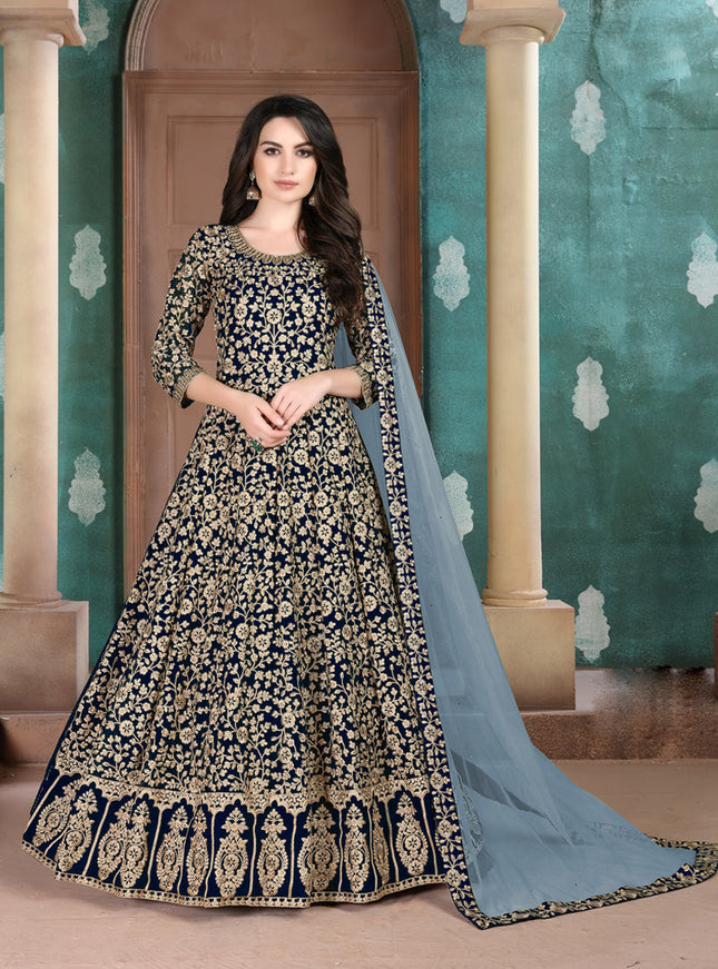 Ravishing Midnight Blue Faux Georgette Embroidered Floor Length Anarkali Suit