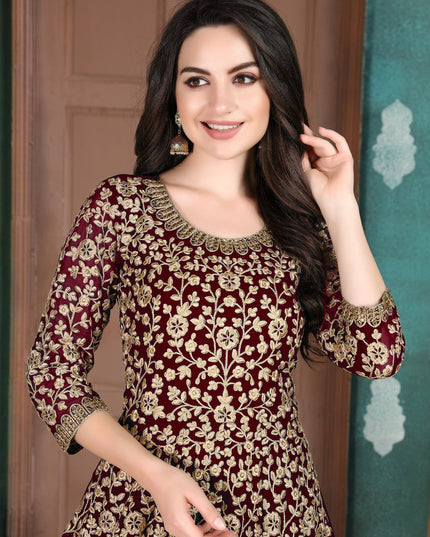 Sweet Maroon Faux Georgette Embroidered Floor Length Anarkali Suit